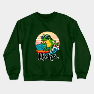 frog wears glasses, surfs and says aloha on the beach Crewneck Sweatshirt